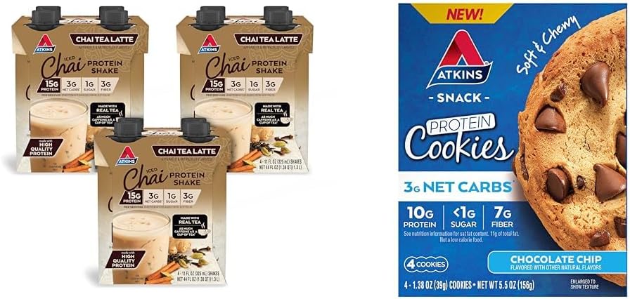 Atkins Chai Tea Latte Protein Shake with 15g Protein, 3g Net Carbs, 1g Sugar and Atkins Chocolate Chip Protein Cookie with 10g Protein, 3g Net Carbs, 1g Sugar, Keto Friendly, 4 Count