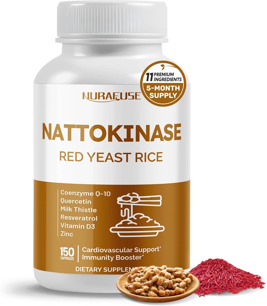 NATTOKINASE 11-in-1 Fórmula - con Yeast Rice Coenzyme Q-10 Quercetin, Milk Thistle, Resveratrol - Non-GMO, Gluten-Free, Soy-Free