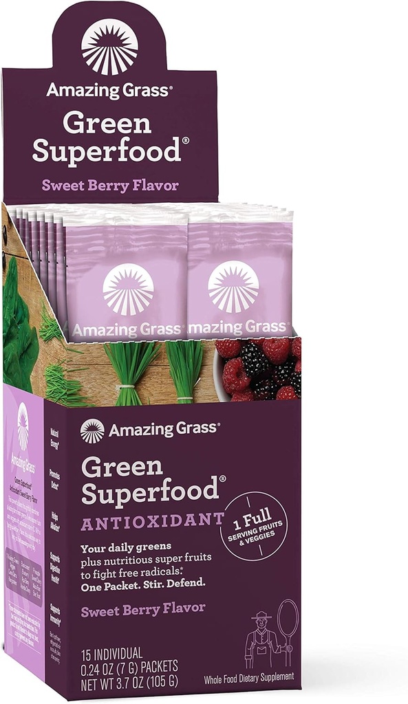 Amazing Grass Green Superfood Antioxidant: Super Greens Powder con Spirulina, Elderberry &amp; Probiotics, Sweet Berry, 15 Servings