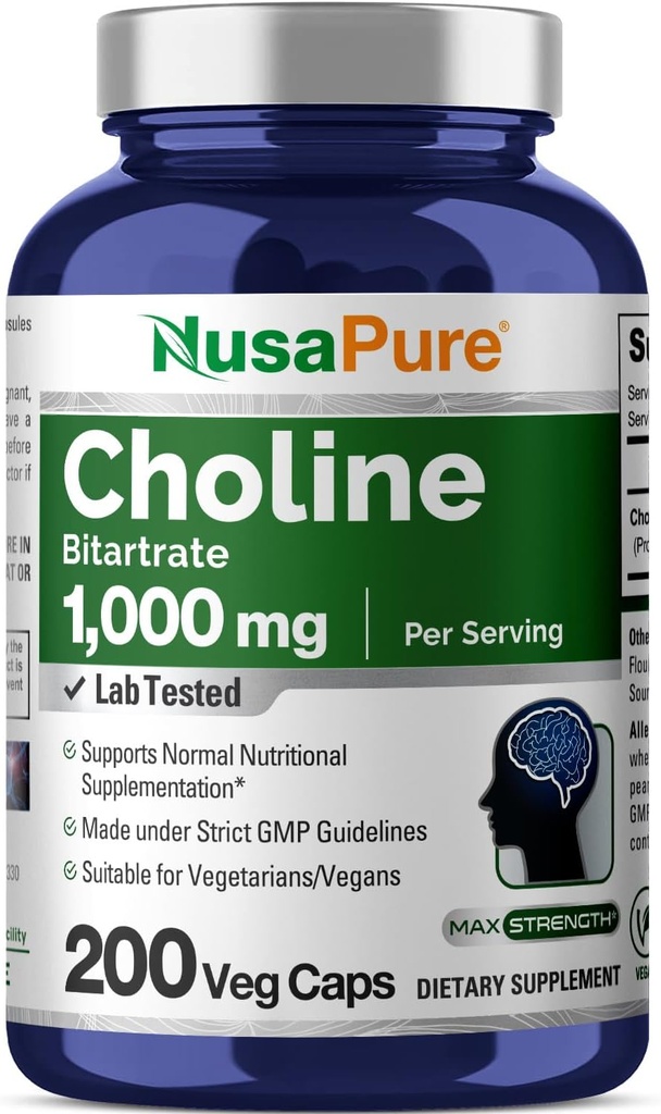 NusaPure Choline Bitartrate 1000 mg 200 Veggie Capsules (Vegan Vegetariano, No GMO)