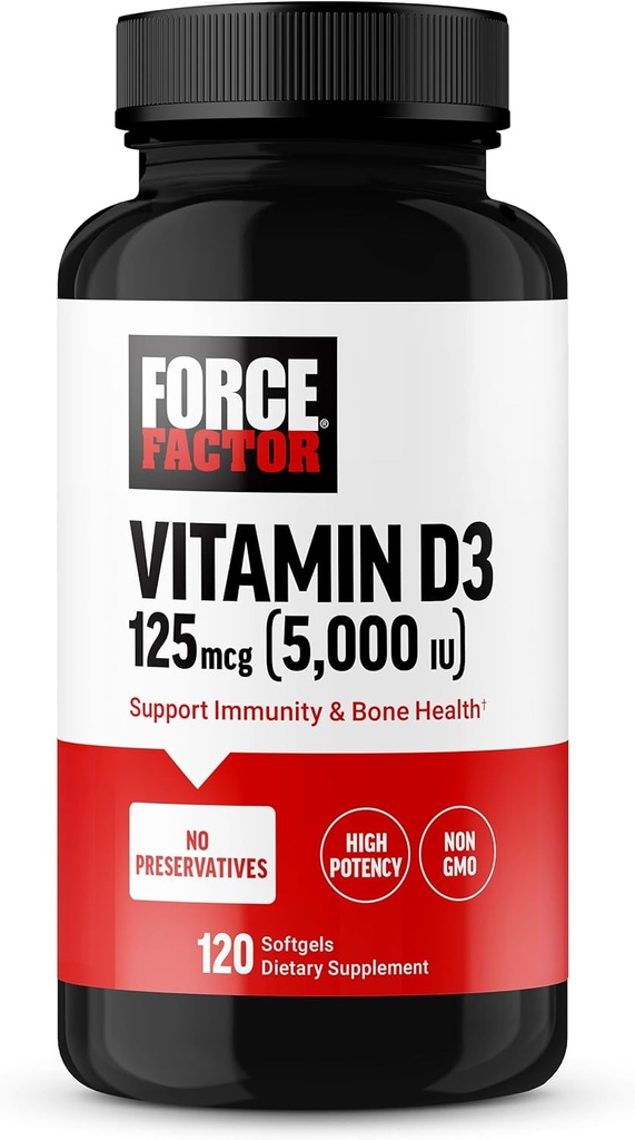 FORCE FACTOR Vitamina D3 5000 U Softgels, Suplemento de vitamina D de alta potencia para apoyar la inmunidad y la salud ósea, calidad premium, sin preservadores, 120 Softgels