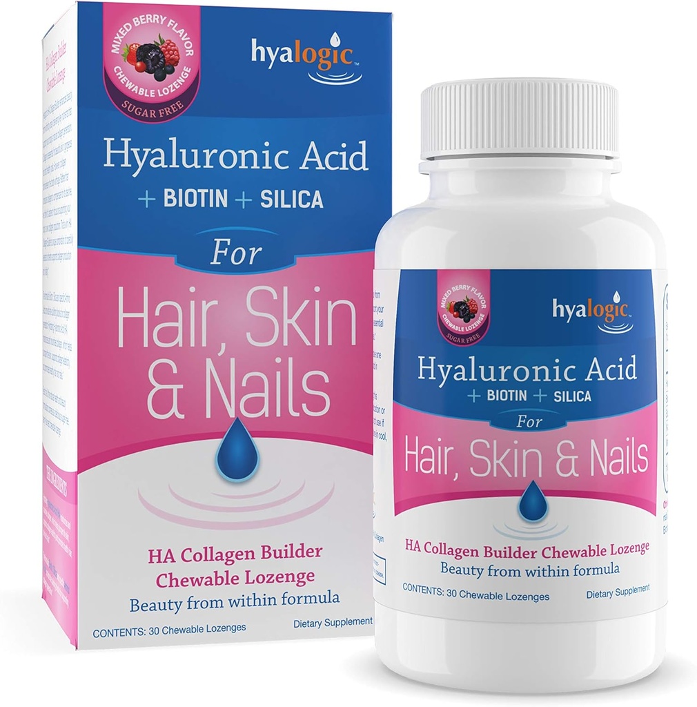 Hialogic Hair Skin &amp; Nails Hyaluronic Acid Collagen Builder – Delicious Berry Flavored Collagen Boost Chewable Lozenges – Sugar Free Vegan Collagen Ideal para mejorar tu belleza natural – 30 Cuenta