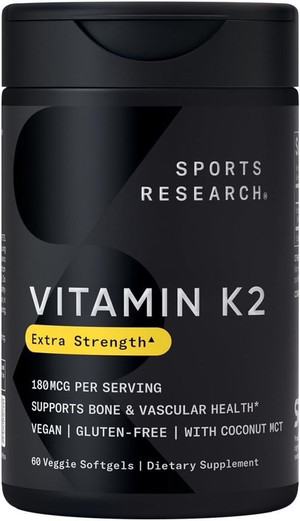 Investigación Deportiva Vitamina K2 MK7 180mcg con aceite de coco - 60 Veggie Softgels - Certified Vegan, No GMO Verified &amp; Gluten-Free