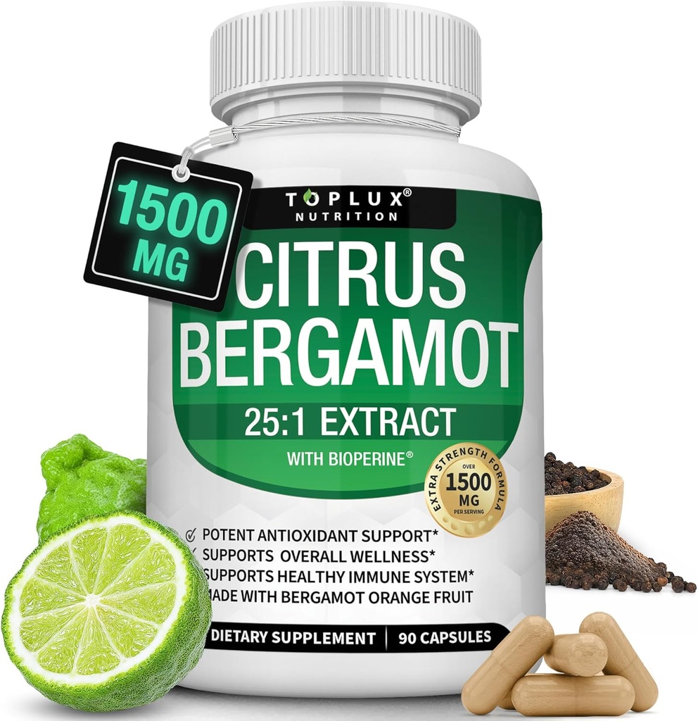 Citrus Bergamot Suplemento 1500mg - 25:1 Bérgamo Extracto para apoyar la salud general, el sistema inmunológico, la alta absorción de sustancias antioxidantes naturales Vegan No GMO para hombres mujeres, 90 cápsulas