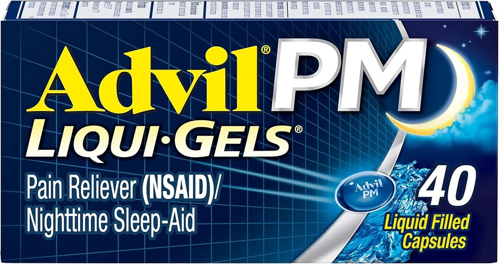 Advil PM Liqui-Gels Pain Reliever and Nighttime Sleep Aid, Pain Medicine with Ibuprofen for Pain Relief and Diphenhydramine HCL for a Sleep Aid - 40 Liquid Filled Capsules - Back to College