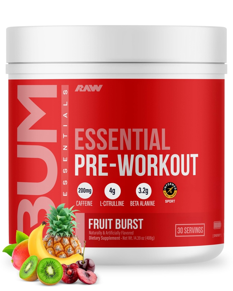 RAW Essential Pre-Workout Powder (Fruit Burst) - Chris Bumstead Sports Nutrition Supplement for Men &amp; Women - Preworkout Energy Powder with Caffeine, L-Citrulline, L-Tyrosine, " Beta Alanine Blend