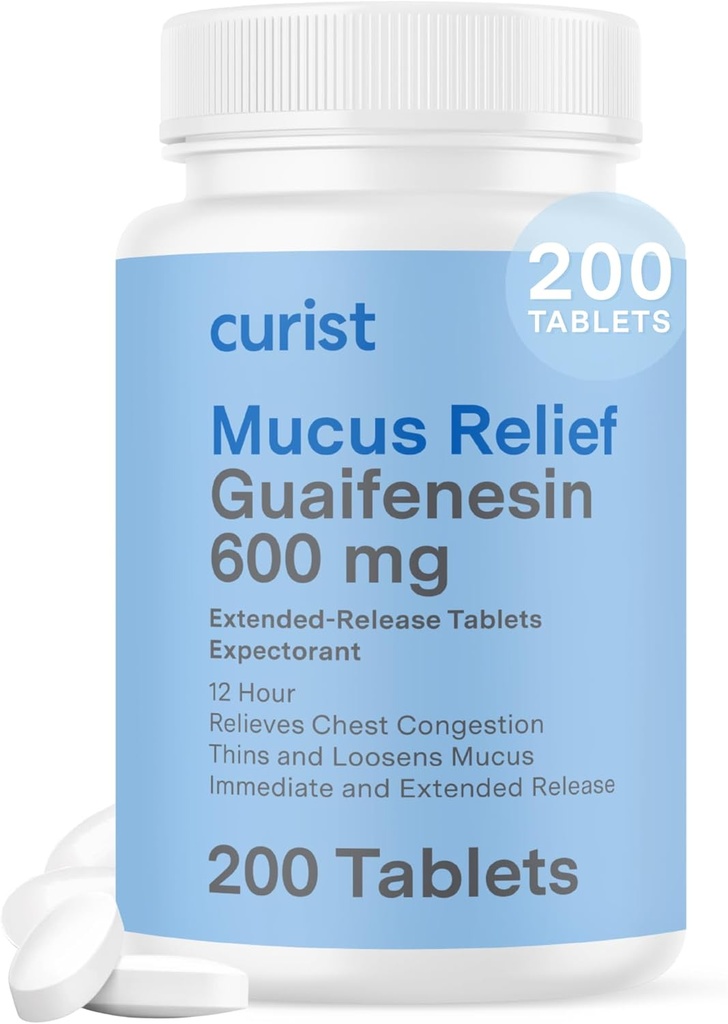 Curist Guaifenesin 600 mg Extended Release Tablets (200 Tablas sin tinte) - Expectorant Mucus Relief, Generic Guaifenesin 600 mg, (Bulk Pack)