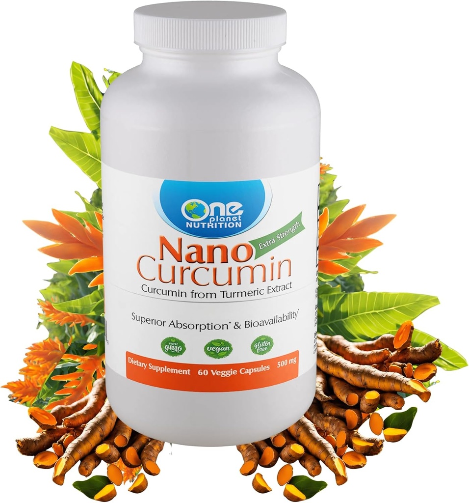 One Planet Nutrition Nano Curcumin 500 mg Veggie Capsules (60 Servings), Nano para la absorción alta, soporta el bienestar general, no GMO, Vegan, libre de gluten