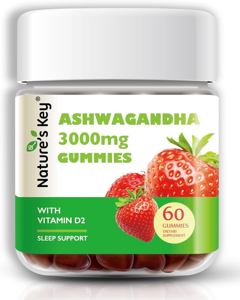 La clave de la naturaleza Ashwagandha Gummies, 3000mg High Potency Ashwagandha Root Extracto con Vitamin D2, Stress, Calm Mood & Cognition, for Men &amp; Women, Strawberry Flavor (60 Cuenta (Pack of 1)