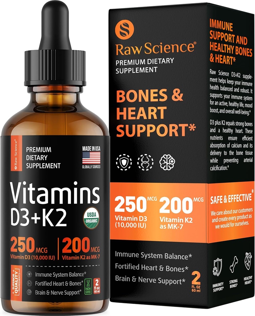 Vitamina Líquida D3 K2 10000 iu &amp; 200 mcg - Vitamina D con gotas MK7 Vitamina K2 - Densidad ósea &amp; Heart Support Vitaminas líquidas para hombres y mujeres, alta absorción Vit K2 D3 Suplemento Vitamina - 2 fl oz