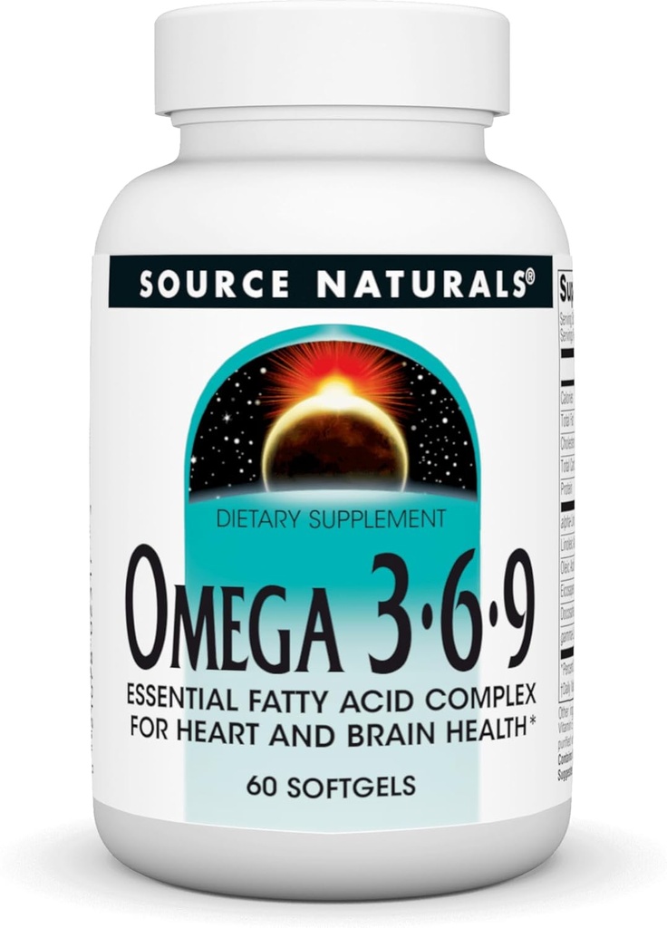 Fuente Naturales Omega 3-6-9, Complejo de ácido graso esencial para la salud cardíaca y cerebral* - 60 Softgels