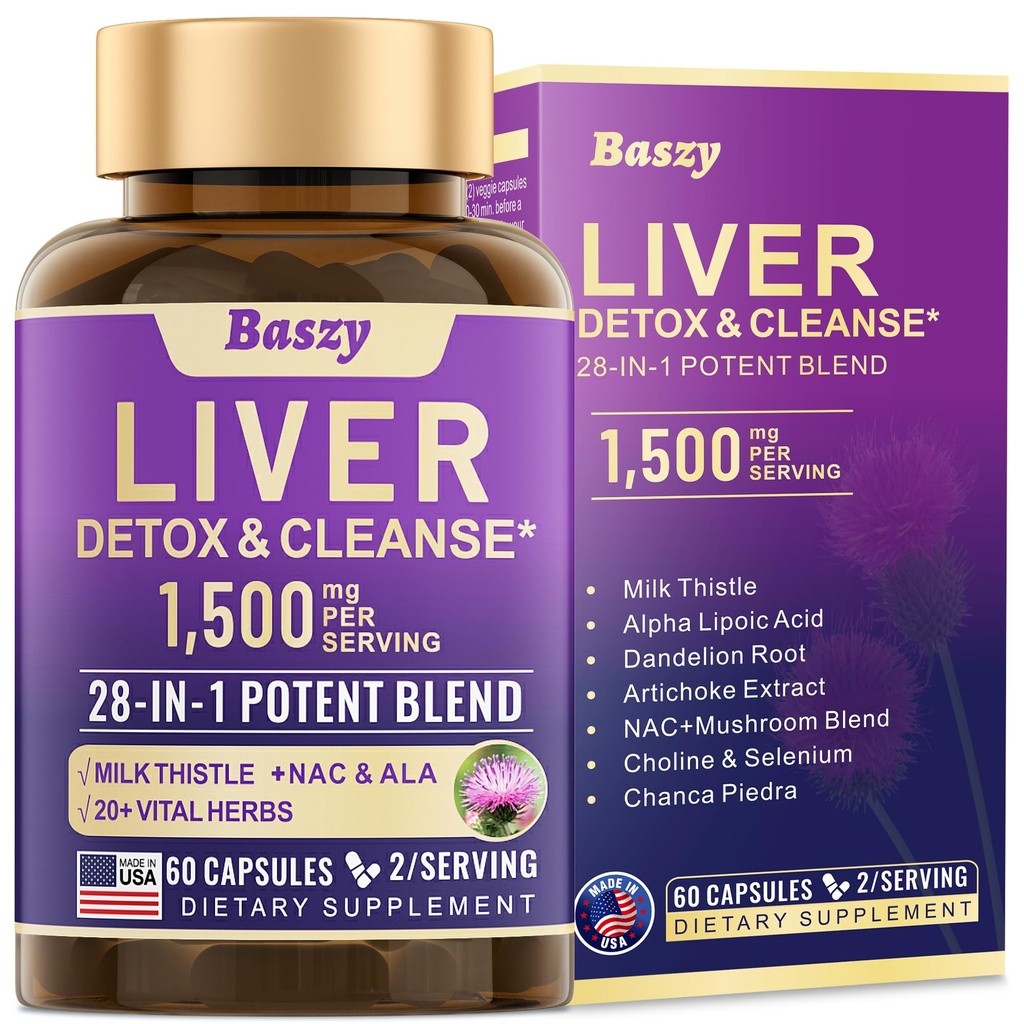 28-en-1 Liver Cleanse Detox " Repair - 1500mg Liver Health Support with Milk Thistle, Dandelion Root, Artichoke Extract, and 20+ Herbal Liver Support Supplements - Made in USA - 60 Capsules