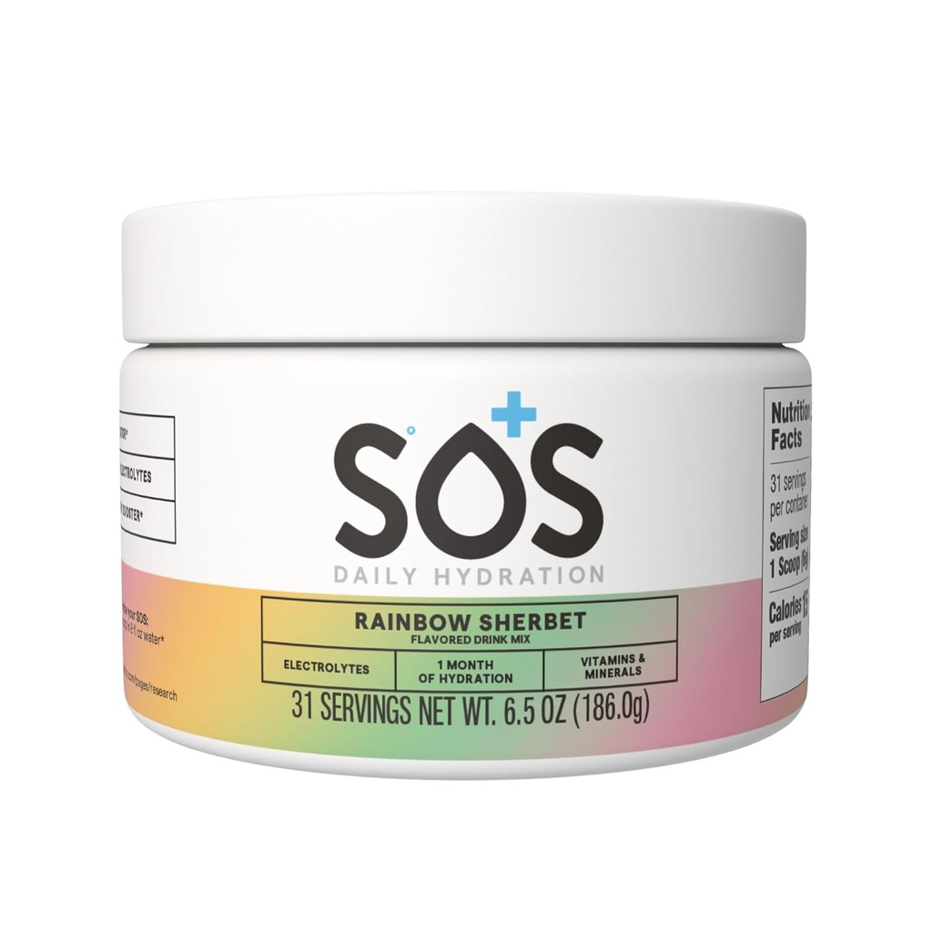 SOS Hydration Electrolyte Powder Drink Mix | 31 Servings | Low Sugar | 15 Calorie | Keto-Friendly & Rapid Rehydration | Rainbow Sherbert