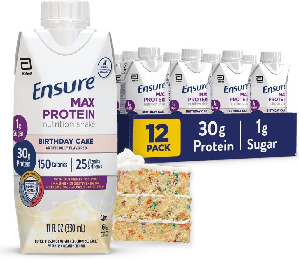 Asegurar Max Protein Shake ← Pastel de Cumpleaños Silencioso 30g Proteína para la salud muscular TENIDO 1g Azúcar, 4g Fiber TEN 11 fl oz, 12 Pack