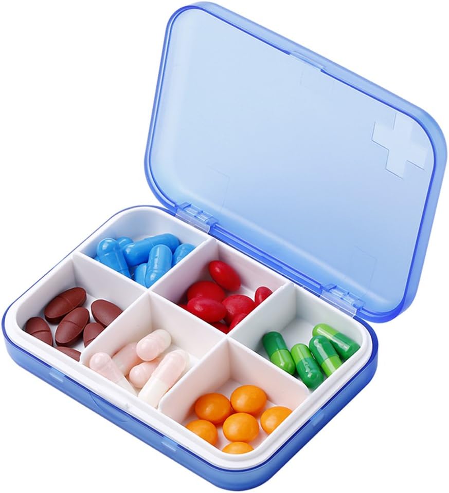 Portable Pill Organizer - Slim Pill Box for Purse or Travel, Compact Pill Case(6 Compartment,Blue)