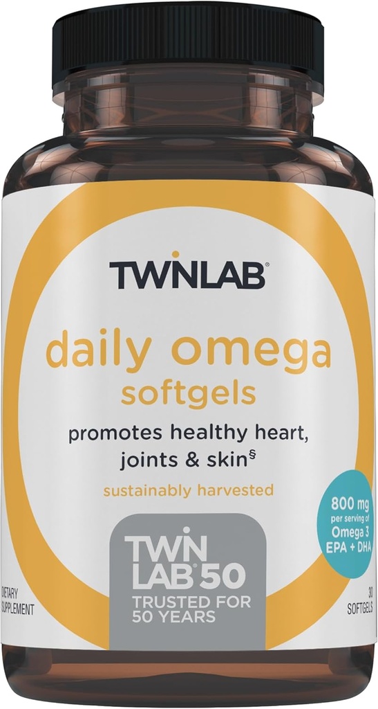 Twinlab Daily Omega Softgels - Joint Health and Brain Health Fish Oil Supplements - 800 mg, 30 Softgels