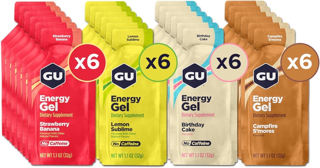 GU Energy Original Sports Nutrition Gels, 24-Count, Vegan, Gluten-Free, Kosher y Dairy-Free On-the-Go Energy for Any Workout, Assorted Caffeine-Free Flavors Variety Pack