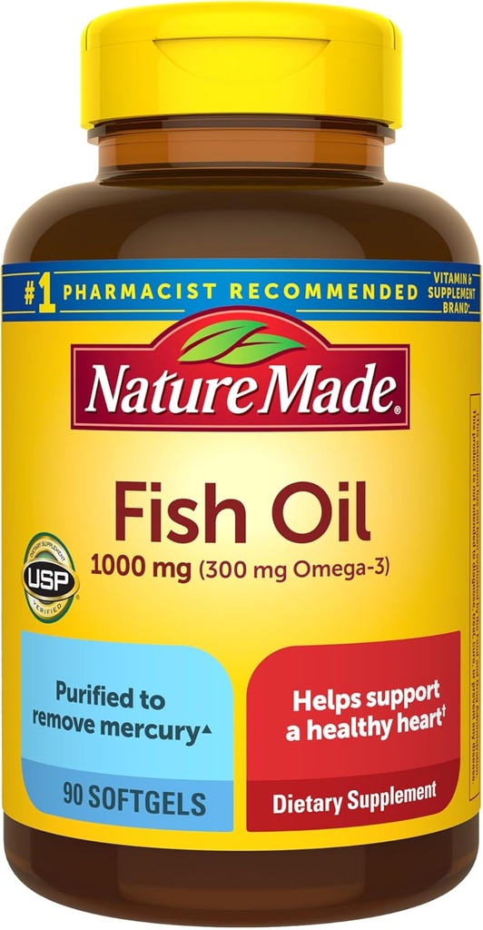 Nature Made Fish Oil Omega 3 Suplementos, 1000 mg Softgels, Omega 3 Fish Oil for Healthy Heart Support, 90 Softgels, 45 Day Supply