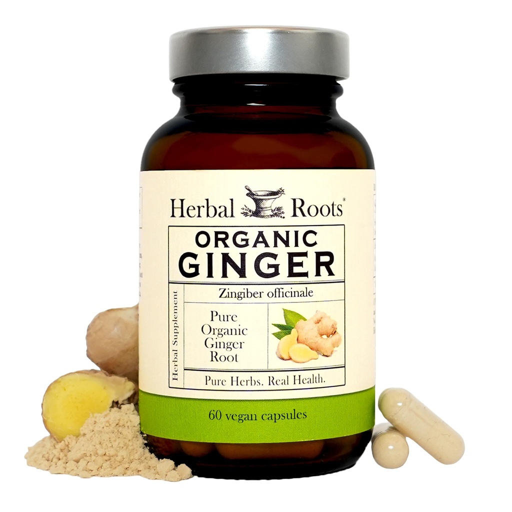 Herbal Roots Ginger Supplement | Organic Ginger Root Capsules | 1,200 mg of Pure Ginger Powder per Serving | 60 Vegan Capsules