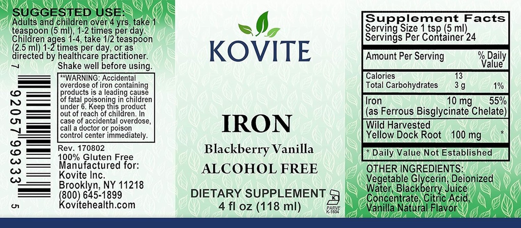 Hierro líquido 10 mg - Aumentar los niveles de energía y sangre sin Nausea o estreñimiento - gotas de hierro líquido para hombres, mujeres y niños - BlackBerry Vanilla Flavor - 4 fl oz. Kosher Certified