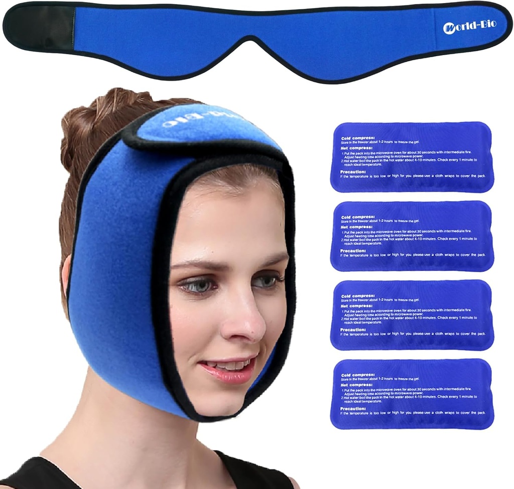 Wrap para TMJ, dientes de Sabiduría, WORLD-BIO Jaw Wrap con 4 Reutilizables Hot Cold Therapy Gel Packs para Head, Chin, Oral and Facial Surgery, Doin Relief for Swelling, Injuries, Implantes dentales