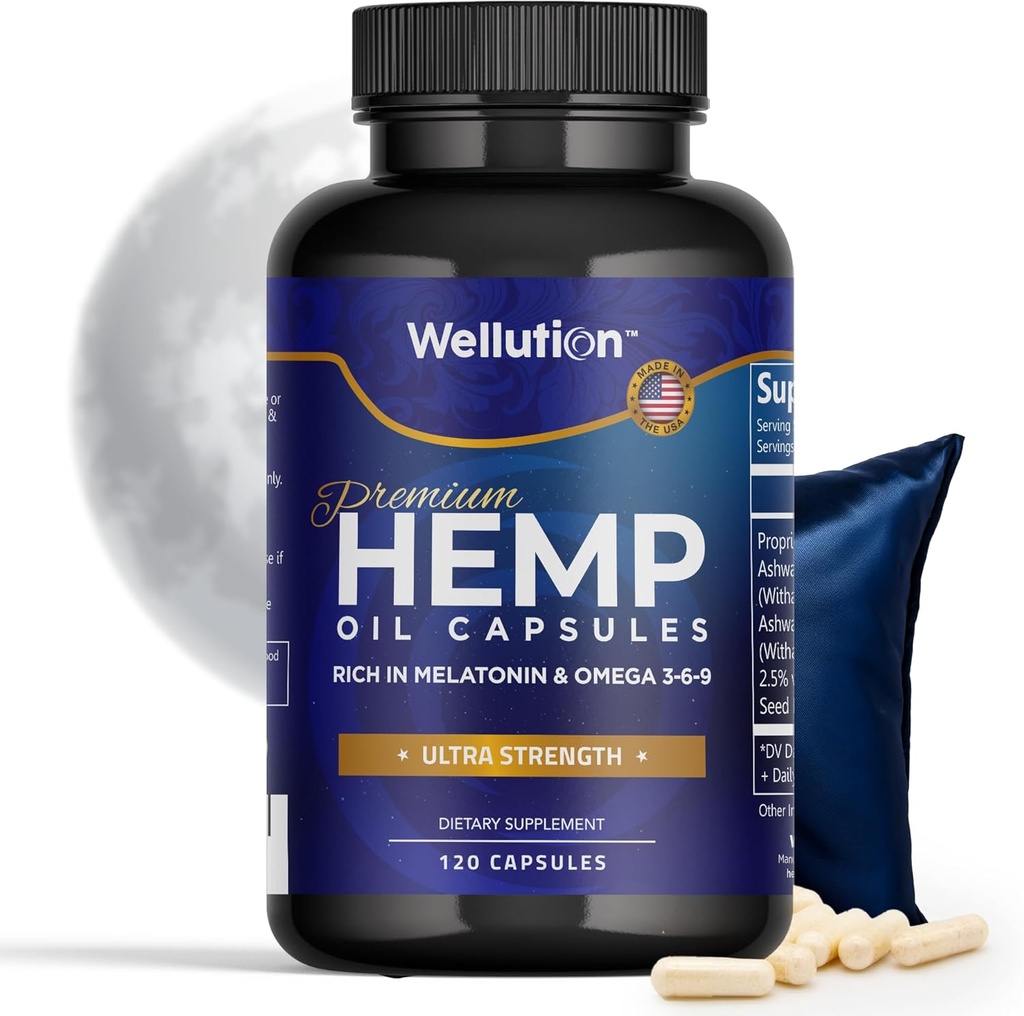WELLUTION Hemp Oil Capsules - 120 Conde - Stress & Sleep Support with Ashwagandha & Melatonin - Made in USA