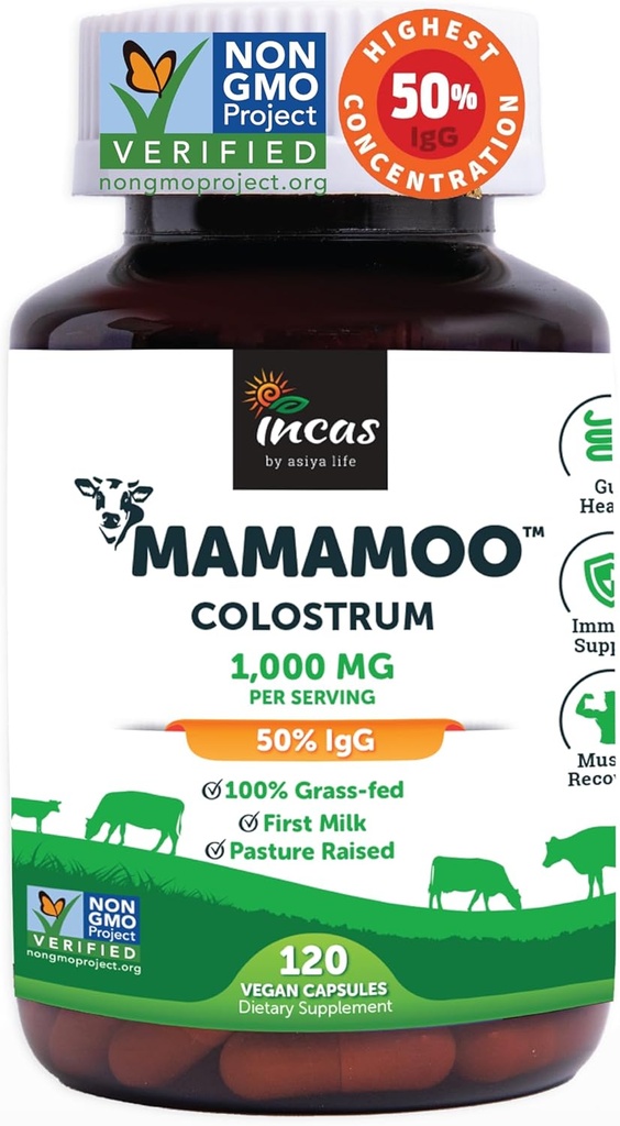 MamaMoo™ Colostrum Powder >50% IgG, Grass Fed, First Non GMO Verified Colostrum, Gut Health Bloating Immunity Skin & Hair, Contains 400+ Bioactive Nutrients, Third Party Lab Tested (120 Capsules)