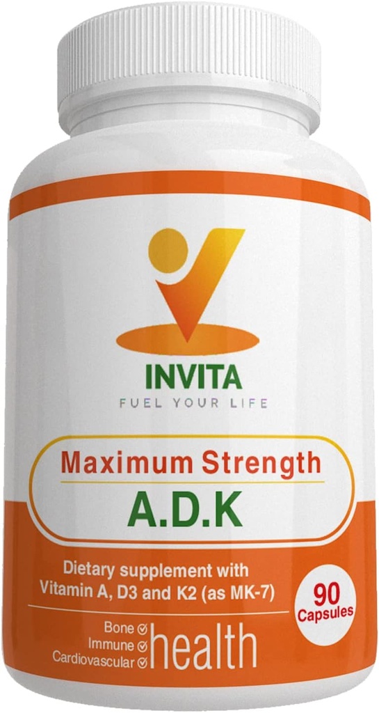 INVITA ADK - Vitaminas A1, Vitamina D3 5000 UI & K2 MK7 Suplemento - Physician Formulated Bone &amp; Immune System Support - Gluten Free, Non-GMO - 90 cápsulas vegetarianas para hombres y mujeres