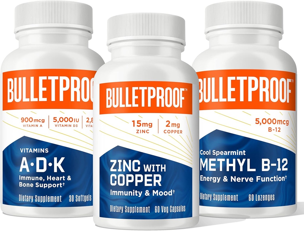 Bulletproof Triple Threat Strength Bundle, Vitaminas A-D-K, 30 Softgels, Zinc con Copper, 60 Capsules, Methyl B-12, Spearmint Flavor, 60 Lozenges