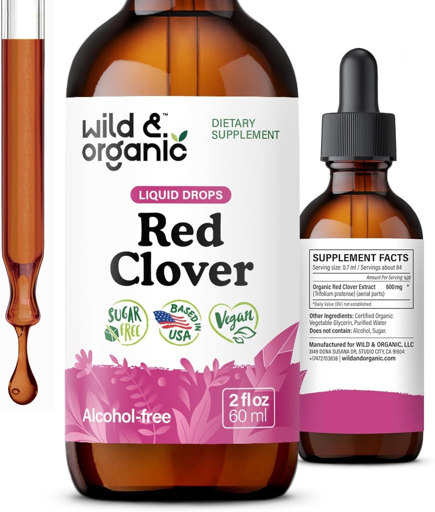 Wild &amp; Organic Red Clover Extract Drops - Menopause Supplements for Women - 600 mg Liquid Red Clover Tincture - 1-Mesth Supply - Trifolium Pratense Blossom - Sugar &amp; Alcohol-Free - 2 oz