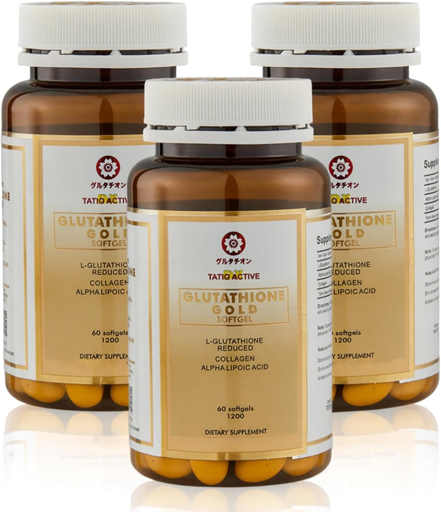 Hecho en Japón Advanced Gold Glutathione Capsules con Collagen, Vitamina C y Antioxidantes Suplemento para la piel radiante, juvenil, producción de colágeno e incluso tono de piel – 3 botellas