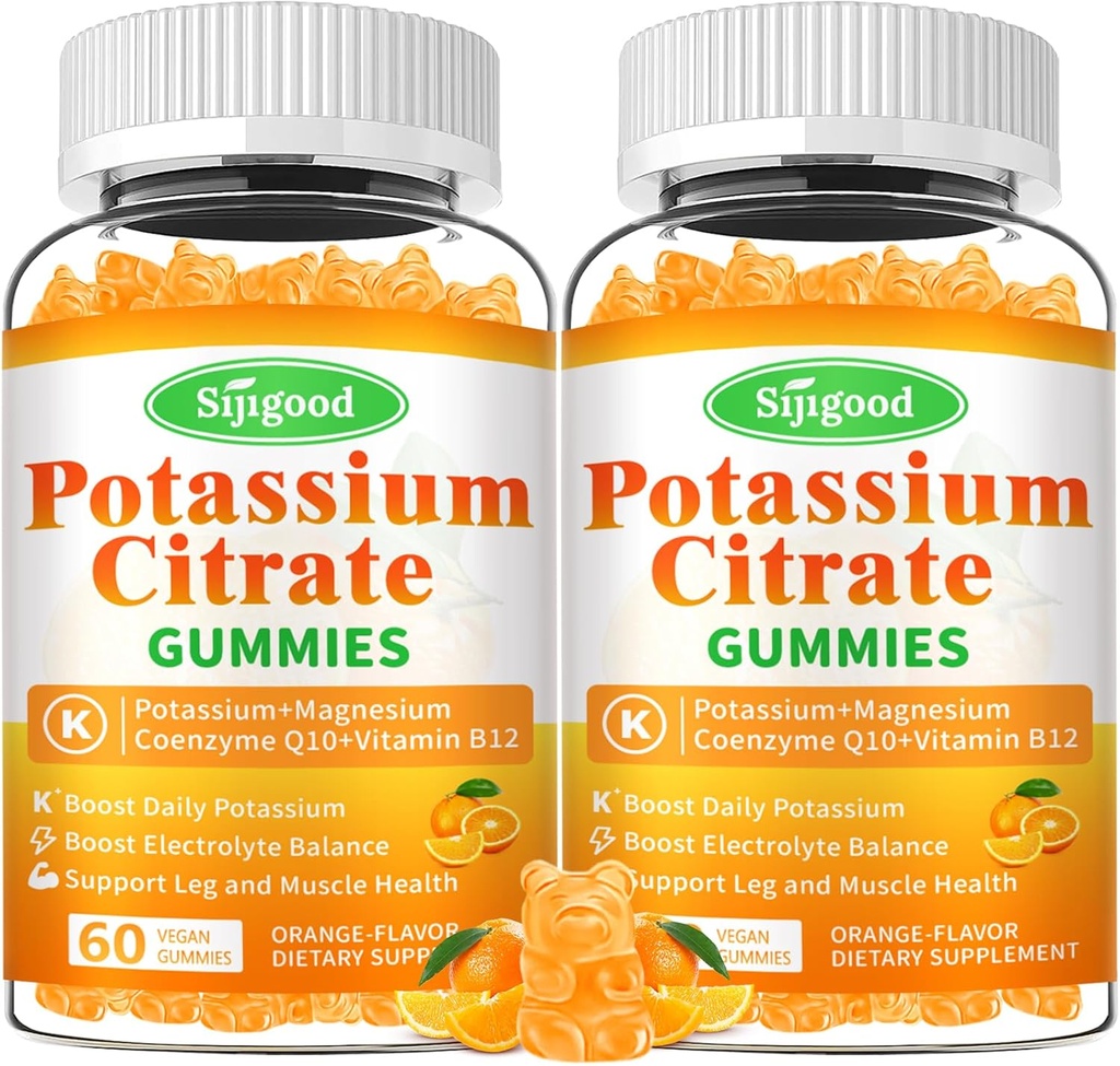 2 Pack Potasio Gummies de Citrato – Suplemento de Potasio de Alta Potencia para la Salud Musculo, Relieve de la Lega, Equilibrio Electrolito – Vegan, No GMO, Libre de gluten, Sabor Naranja, 120 Conde