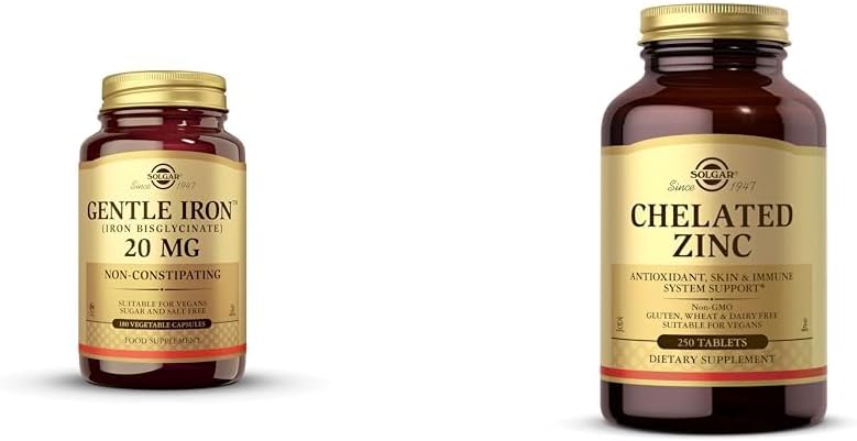 Solgar Gentle Iron - Ideal para Sensitive StomachsRed Blood Cell Supplement, Non Constipating &amp; Chelated Zinc, 250 Tablets - Zinc for Healthy Skin - Supports Cell Growth & DNA Formation