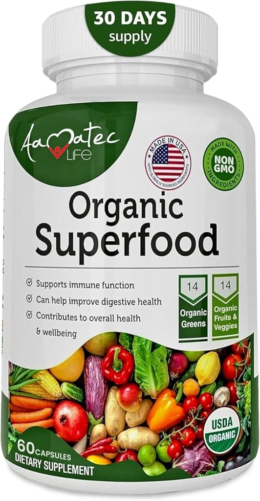 Ecológico Superfood Greens Fruits and Veggies Complex - Suplemento dietético con 14 Verdes y 14 Frutas & vegetales con Alfalfa Rich en ingredientes orgánicos antioxidantes No GMO 60 cápsulas
