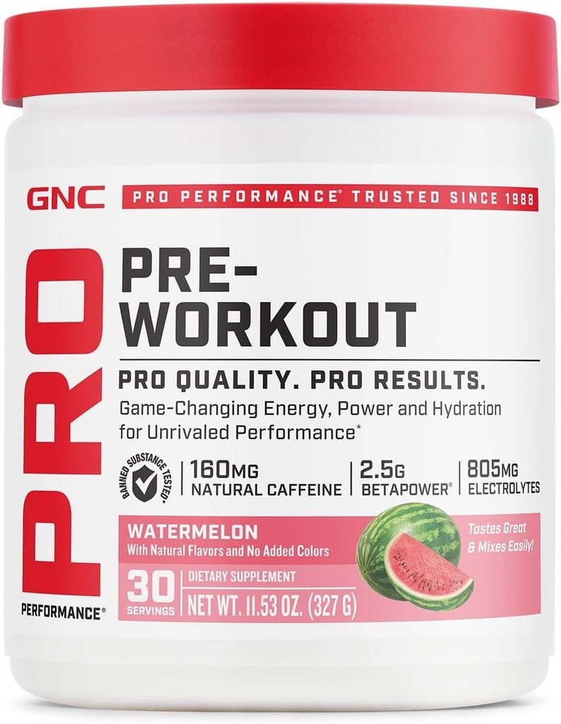 GNC Pro Performance Pre Workout Powder para Hombres y Mujeres, Energía, Hidratación y Focus, Sugar Free, Gluten Free, Performance Supplement, Watermelon, 30 Servings
