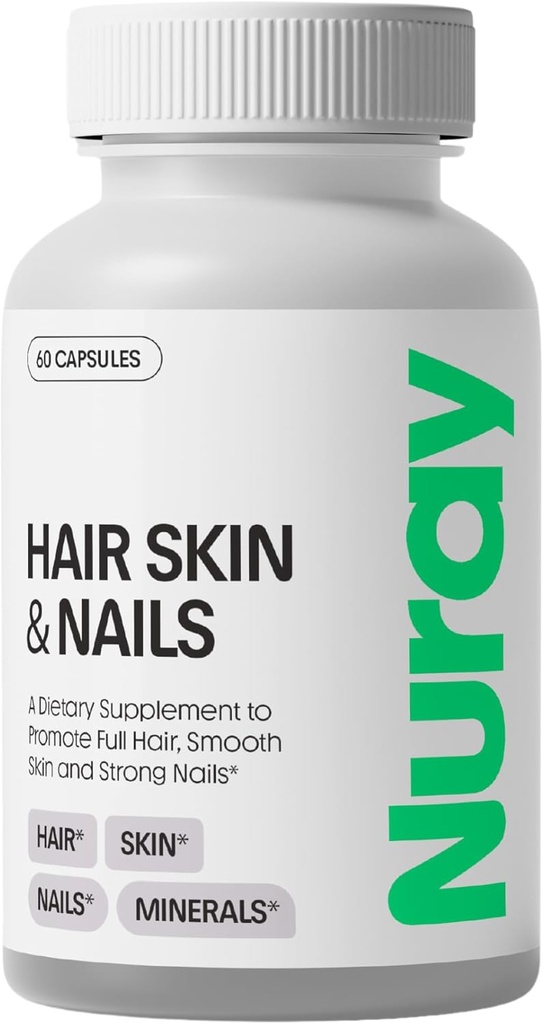 Nuray Hair, Skin & Nails Vitaminas – Biotina, Collagen " Hialuronic Acid – Advanced Hair Growth Supplement – Promotes Beauty, Skin Radiance, " Nail Strength – with Vitamin B Complex – 60 cápsulas