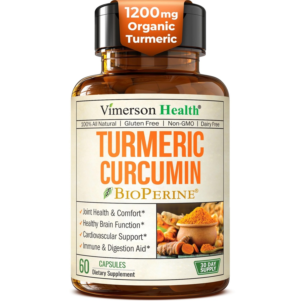 Suplemento de la Curcumina Turmérica - 1200 mg Tormérica Orgánica + Extracto Tumérico (95% Curcuminoides) para el Soporte Conjunto " Salud Digestiva - Suplemento Turmérico - Curcumina Pura con Pepper Negro - 60 cápsulas