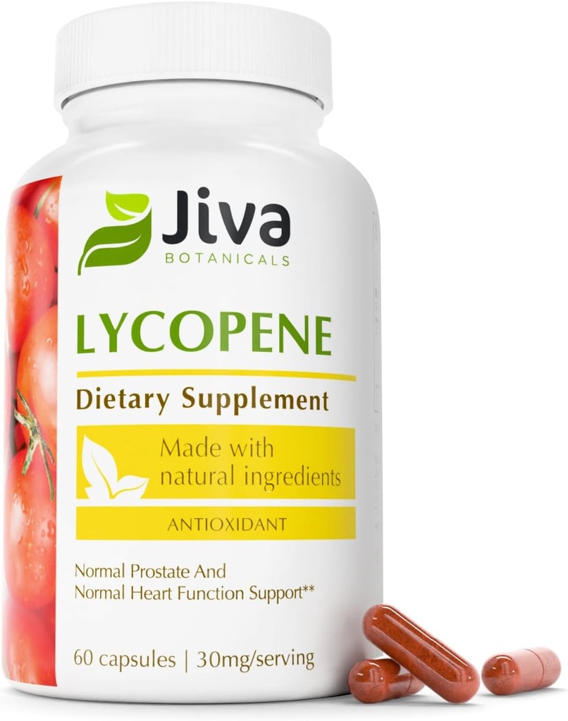 Jiva Botanicals Lycopene Supplement 30mg - Antioxidant Support for Normal Prostate and Heart Health Support - Lycopene from Tomato Extract - Made in The USA - Non GMO, Vegan - 60 Capsules