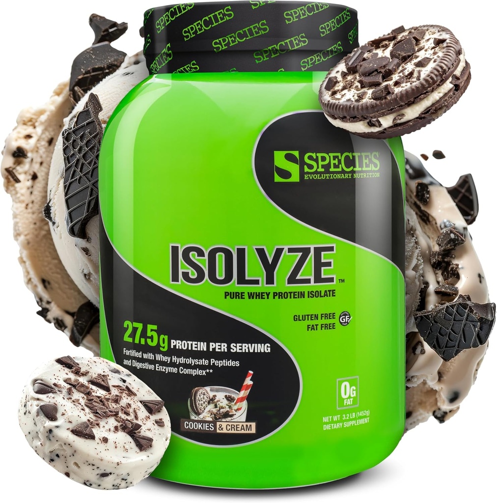 Especies Nutrición Isolyze Whey Protein Powder, 100% Whey Isolate for Muscle Building, 27.5g Protein Per Scoop, No Sugar " Low Fat (Cookies " Cream, 44 Servings)