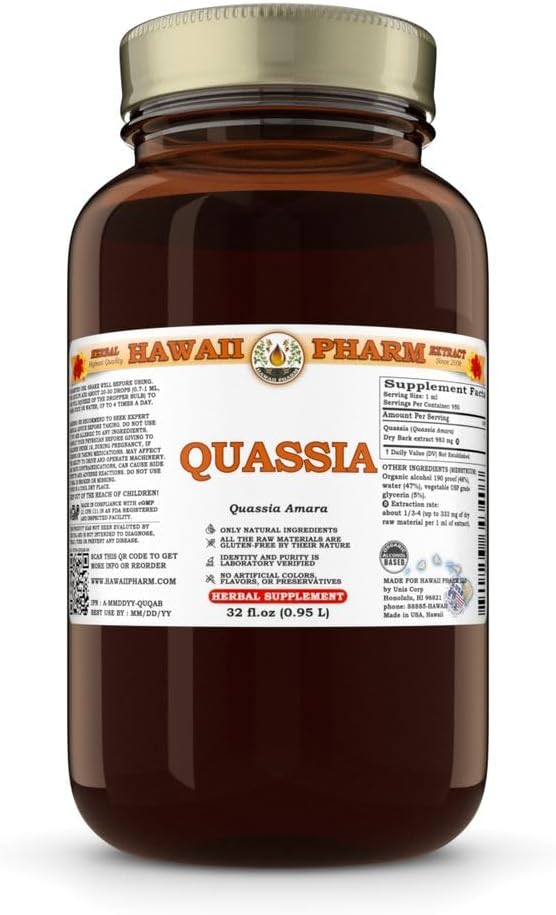 Quassia (Quassia Amara) Tintura de corte seco, hecha en Hawaii, Todo Natural, Vegan, Extracto líquido puro - 32 fl.oz