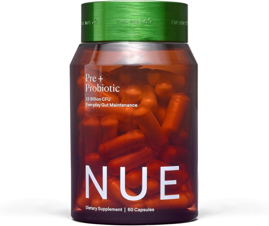 El suplemento Nue Co. PREBIOTIC + PROBIOTIC, apoya la salud de Gut, sinbiótico y con base de Spore, IBS Relief, Immunity, y Skin, Vegan, Gluten Free, 60 cápsulas