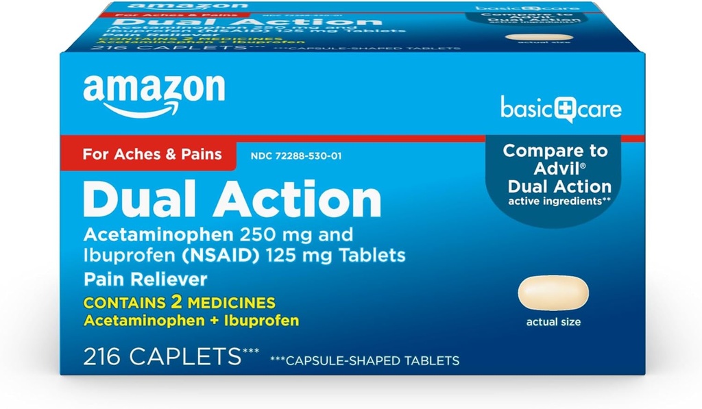 Cuidado básico Acción dual Acetaminofeno 250 mg e Ibuprofeno (NSAID) 125 mg Tabletas, 216 Conde