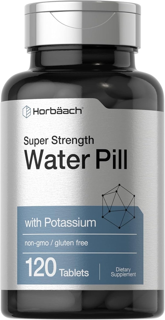 Horbäach Water Pills ← Super Strength with Potassium TEN 120 Tablets ANTE Vegetarian, Non-GMO & Gluten Free Supplement