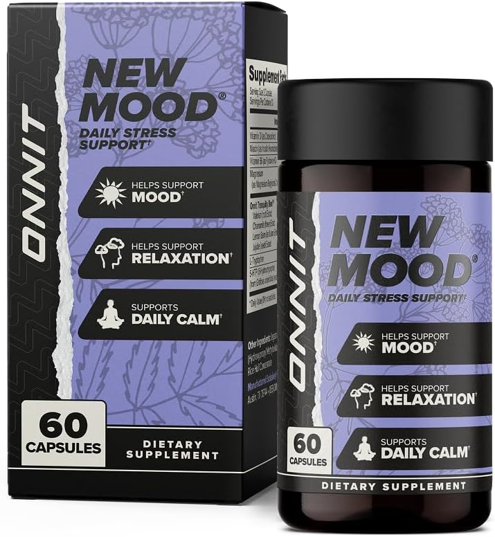 ONNIT New Mood Daily Stress Support Capsules, IGENTM Non-GMO Tested, Sleep and Mood Support Supplement for Hombre and Women, Daily Stress Management Capsules, 60 Count