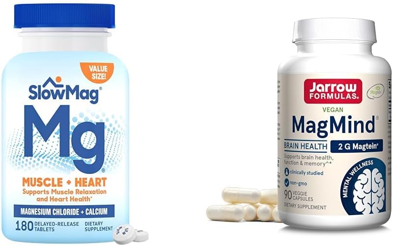 Muscle de SlowMag + Cloruro de Magnesio Corazón con suplemento de calcio para apoyar la relajación muscular &amp; Fórmulas de Jarrow MagMind Brain Health con Magtein (Magnesium L-Threonate), Suplemento dietético