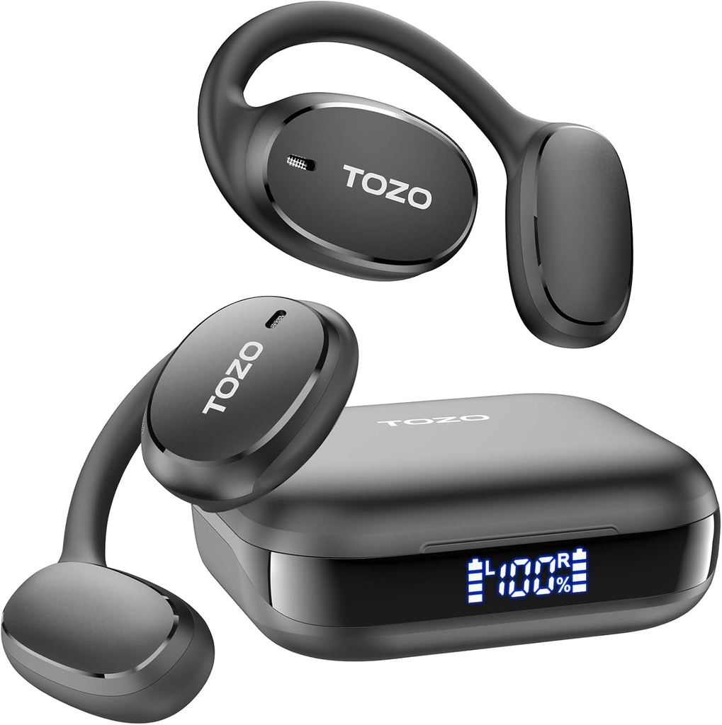 TOZO OpenEgo Open Earbuds Auriculares Bluetooth, 80Hrs Playtime Earbuds inalámbricos con Earhooks, Visualización Digital, 32 modos EQ, Llamada clara, desgaste cómodo, Sweat-Proof para Running Workout Negro