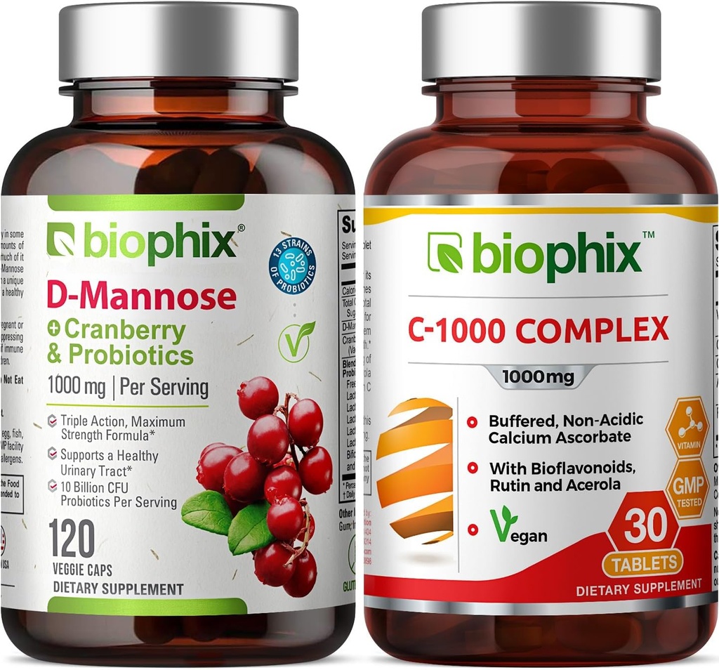 biophix D-Mannose Plus Cranberry Probiotics 1000 mg 120 Vcaps - Free Vitamin C-1000 30 Tablets - Supports Urinary Bladder Tract Health and Digestive Well Being