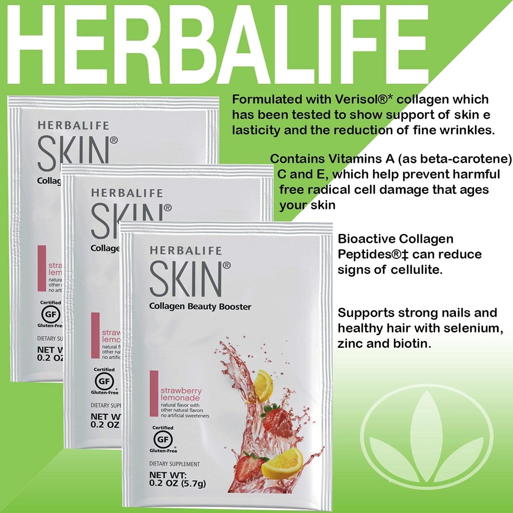 Herbalife Skin Strawberry Lemonade 30 Packets (5.7G) Skin Collagen Beauty Booster: Sin sabor artificial, sin dulces artificiales, sin gluten