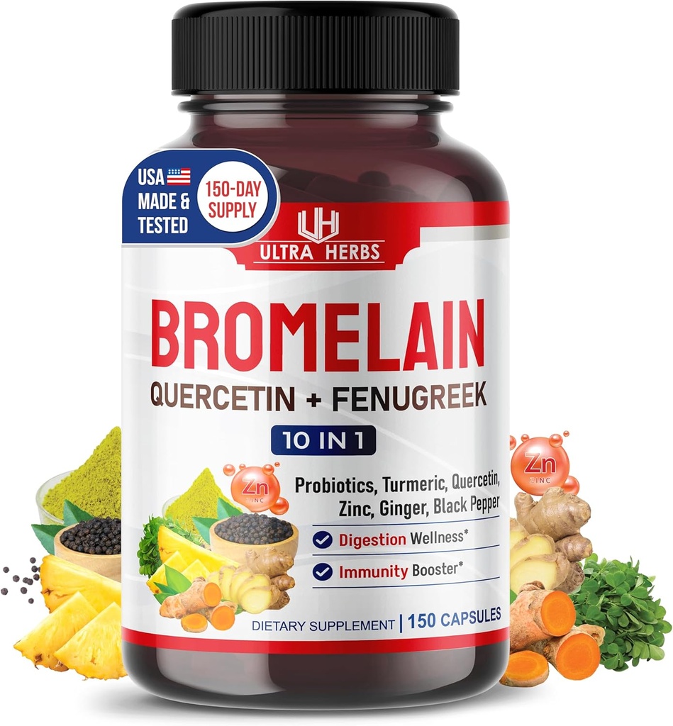 Suplemento Bromelain con Quercetin, Zinc, Fenugreek, Turmeric, Ginger, Black Pepper &amp; Probiotics - Apoya la Digestión, Salud Conjunta &amp; Absorción Nutriente Ø 150 cápsulas