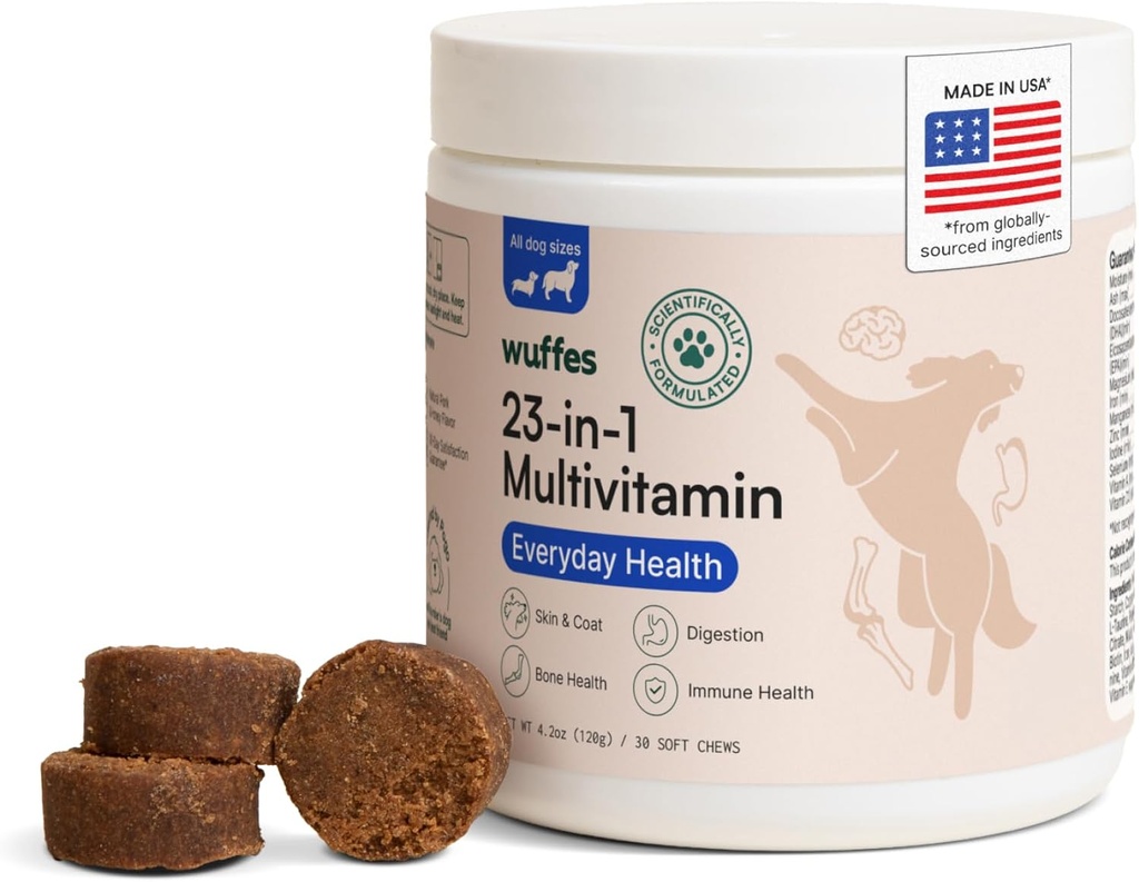 Wuffes 23-in-1 Suplemento multivitamínico para Hip " Conjunto, piel " y sistema inmunológico Soporte con Omega 3, hierro, zinc, vitamina C - Minerales " Vitaminas para perros mayores y cachorros - 30 cerdas blandas
